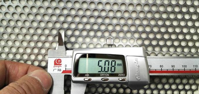 Round hole perforated sheet with holes 5.00 mm diameter, pitch 6.5 mm, perforated plate thickness 1.0 mm. Materials can be available in steel, stainless steel, aluminum and copper.